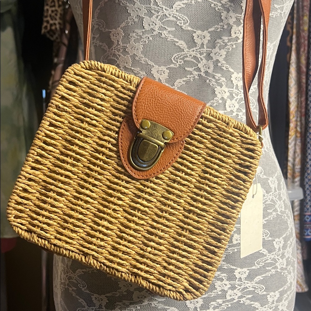 Woven Straw Crossbody Bag with Brown faux Leather Accents